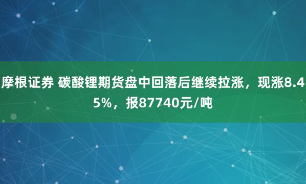 摩根证券 碳酸锂期货盘中回落后继续拉涨，现涨8.45%，报87740元/吨